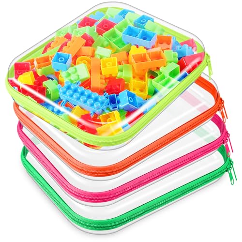 Hoolerry 4 Pcs Hard Clear Zipper Case Makeup Bags Plastic Zipper Pouch Transparent Storage Box Containers for Cosmetics, Snacks, Building Blocks, Puzzles(Clear,9.8 x 7.9 x 2 in,Fluorescent) - color: Fluorescent, size: 9.8 x 7.9 x 2 in