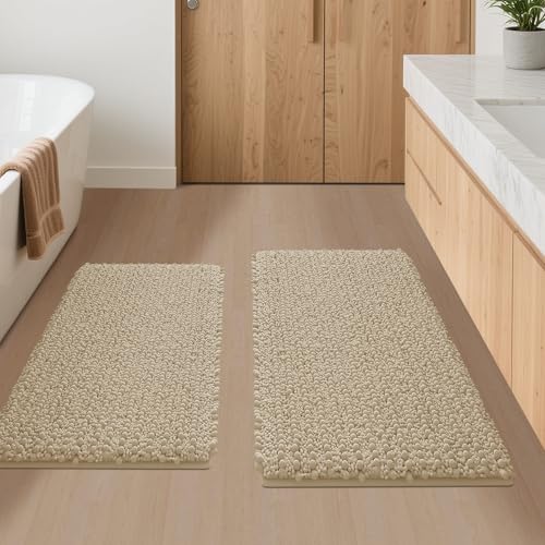ACCUMTEK Upgrade Luxury 2 Piece Beige Toilet Bathroom Rug Mat 32"x20"+24"x17", Ultra Soft Thick Absorbent Bath Mats, Non Slip Chenille Toilet Mat for Bathroom, Bedroom, Kitchen, Shower, Tub - color: Beige, size: 32"x20", 24"x17"