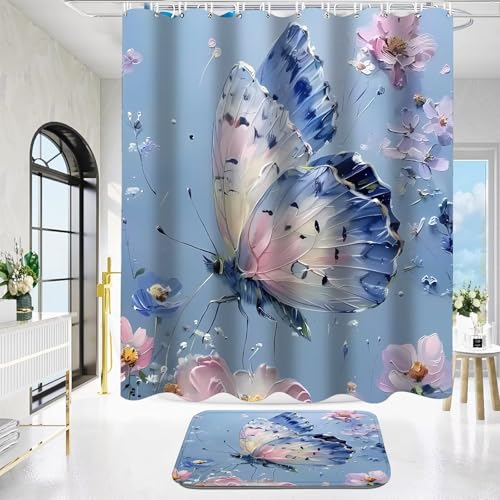 DDQQ 4Pcs Oil Painting Floral Shower Curtain Set Bathroom Sets Blue Butterfly Shower Curtain with 12 Hooks Bathroom Decor with Rugs Bath Accessories with Mats Toilet Lid Cover - color: Blue