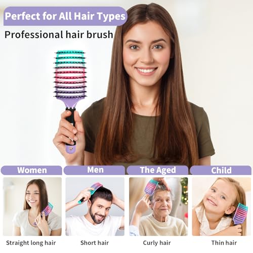 Boar Bristle Hair Brush Set of 2, HIPPIH Wet & Dry Hair Brushes Made by Fine Natural Boar Hair Can Adds Shine and Smoothing, Detangling Hairbrush for Women, Men & Kids' Long Curly Thick Hair - color: Mint Purple & Green