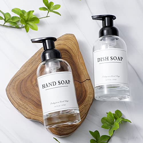 rejomiik Foaming Soap Dispenser Thick Glass Foam for Bathroom or Kitchen Sink, 12.7 oz Clear Pump Bottles for Hand soap, Body Wash, Black 2 Pack - color: Clear