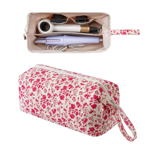 Large Quilted Hair Tools Travel Bag,Hair Styling Accessories Storage Case for Hair Dryer,Curling Iron,Flat Irons,Straightener and Attachments,Portable Organizer with Removable Dividers(17Red Flower) - color: 17Red Flower