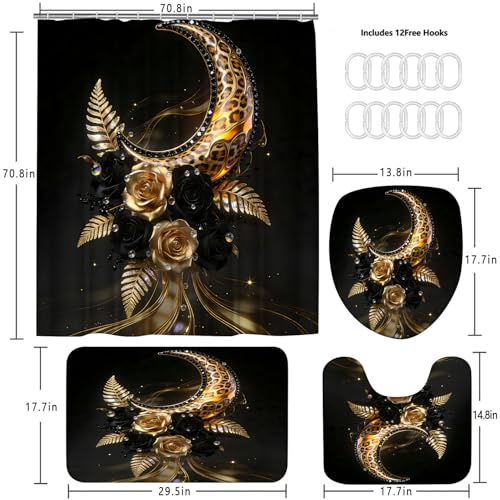 4 Piece Black and Gold Bathroom Set with Shower Curtain and Rugs, Luxury Leopard Moon & Rose Gothic Aesthetics Decor, Waterproof Fabric Curtain, Non-Slip Bath Mat & Toilet Lid Cover - color: Black Gold Moon