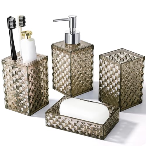 RYTOXILO Brown Bathroom Accessories Set, 4 Pack Acrylic Bath Accessory Sets Complete, Diamond Soap Dispenser and Toothbrush Holder Bathroom Counter Sink Set, Boho Modern Bathroom Decor - color: Brown