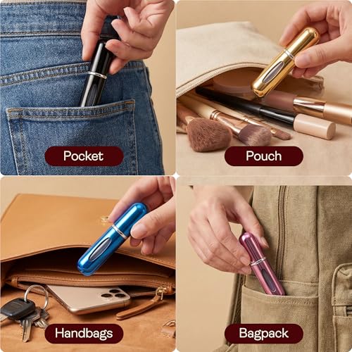 5ml Travel Perfume Bottle Refillable Atomizer Sprayer for Perfume,Leakproof Perfume Atomizer Travel, Portable Refillable Perfume Bottles, (Blue, Black, Pink, Gold, Silver + Leather Pouch) - color: Blue, Black, Pink, Gold, Silver + Leather Pouch