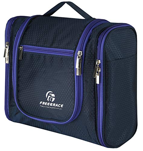 Freegrace Extra Large Hanging Toiletry Bag for Men and Women - Water-Resistant Nylon Travel Bathroom Organizer for Cosmetics, Makeup, and Toiletries - color: Dark Blue