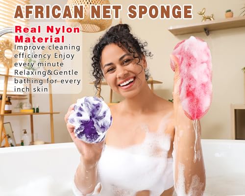 2 Pack African Net Sponge Exfoliating Body Scrubber Bath Sponge for Daily Use (Pink + Deep Purple) - color: Pink + Deep Purple