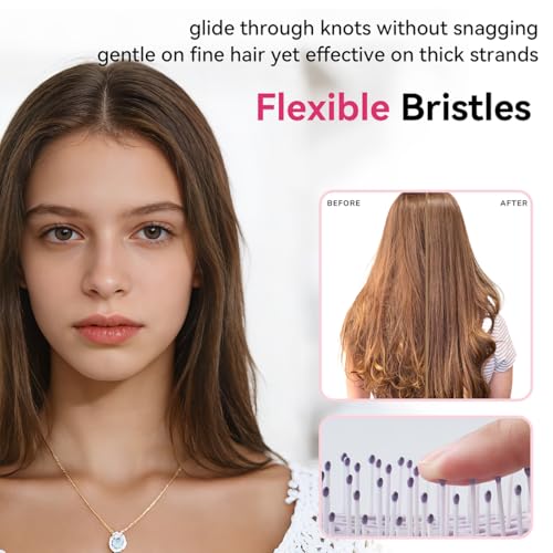 Self Cleaning Hair Brush, Curved Vented Detangler Brush for Faster Blow Drying, Anti-Breakage Wet & Dry Hair Brush for Women Men Kids, All Hair Types, Folding Travel Brush, Pink - color: Pink