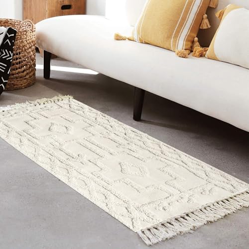 Uphome Boho Bathroom Runner Rug 2' x 4.3', Washable Woven Cotton Bedroom Rug Runners, Beige Aesthetic Tufted Entryway Runner Rugs, Bohemian Tribal Throw Rugs for Bedside Living Room Laundry Kitchen - color: Beige, size: 2' x 4.3' (Runner)