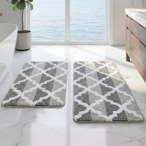 Arttown Dark and Light Grey Trellis Bathroom Rug Set 2 Piece Fluffy Microfiber Non-Slip Water Absorbent Bath Mat Soft Washable for Tub Showers Laundry Room Decor (16"x24"+20"x32") - color: Gradient Gray 1