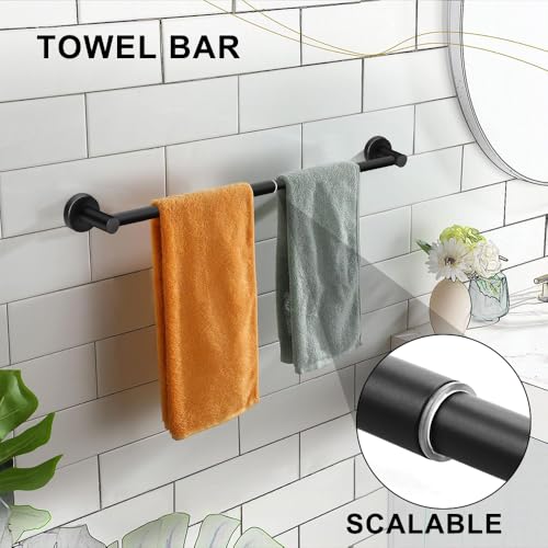 MGahyi 5-Piece Bathroom Accessories Set, Rustproof Stainless Steel Wall Mounted, Extendable Towel Bar 12.8-24.8 Inch, Toilet Paper Holder, Towel Ring & Robe Hooks, Heavy Duty Bath Storage (Black)