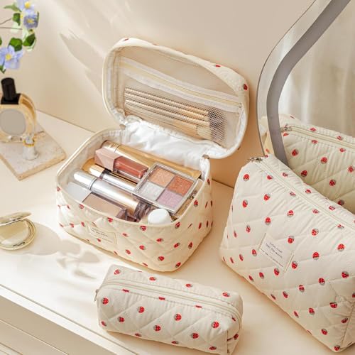 HBselect Quilted Makeup Bag, 3PCS Cotton Large Travel Makeup Bag, Cute Floral Coquette Make up Bag Cosmetic Bag Toiletry Bag for Women Girls - color: A-3PCS-Floral 15