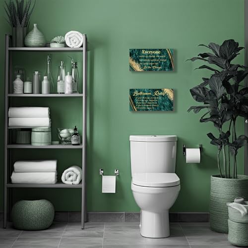 DONFENTHY 2 Pieces Green Gold Bathroom Rules Wall Art Green Gold Bathroom Decor Signs Rustic Farmhouse Wooden Sign for Toilet(12x6") - color: Green