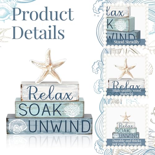 Cinnvoice 4 Pcs Coastal Beach Bathroom Decor Farmhouse Bathroom Decoration Relax Soak Unwind Table Centerpiece Gift for Christmas Valentines Back to School - style: Coastal Relax Soak Unwind