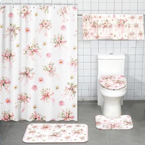 Tatuo 8 Pcs Pink Bow Daisy Shower Curtain Sets for Bathroom Decor Coquette Bathroom Accessories Daisy Rose Aesthetic Girly Shower Curtain Sets with Towels Carpet Bath Mat Toilet Rugs and 12 Hooks - style: Floral Bow