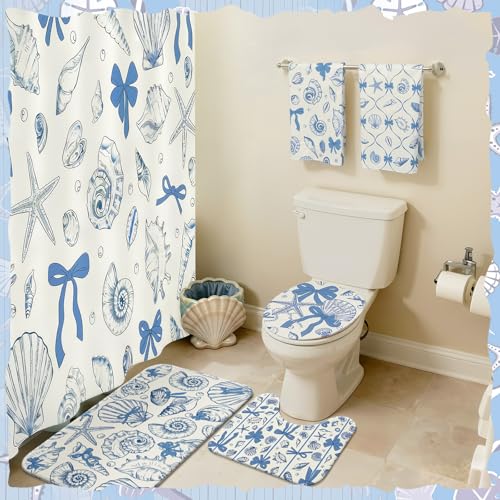 Tatuo 8 Pcs Beach Shower Curtain Set Blue Bow Ocean Bathroom Accessories Sets Coquette Starfish Coastal Waterproof Shower Curtain with Towels Carpet Bath Mat Toilet Rug 12 Hooks for Summer Beach Party - style: Blue Ocean