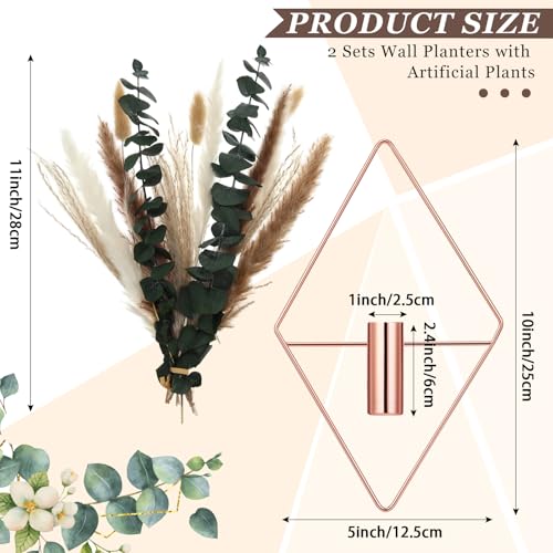 Jexine 4 Pcs Hanging Planters with Artificial Pampas Rose Gold Metal Hanging Vase Indoor Plants Holder Modern Geometric Boho Bathroom Wall Decor for Living Room Home Office - color: Rose Gold, size: Pampas