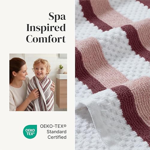 Modern Threads Pax 6-Piece Reversible Yarn Dyed Jacquard Towel Set - Bath Towels, Hand Towels, & Washcloths - Super Absorbent & Quick Dry - 100% Combed Cotton, Rosewood - color: Rose, style: Wide Stripe