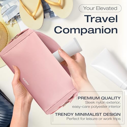 KAZAY Expandable Toiletry Bag with Side Clips for Adjustable Sizing, Premium High-Density Nylon, Open Wide Zipper, Stylish, Water Resistant, Cosmetic Bag, Makeup Bag, Full-Size Bottles, Unisex (Pink) - color: Pink