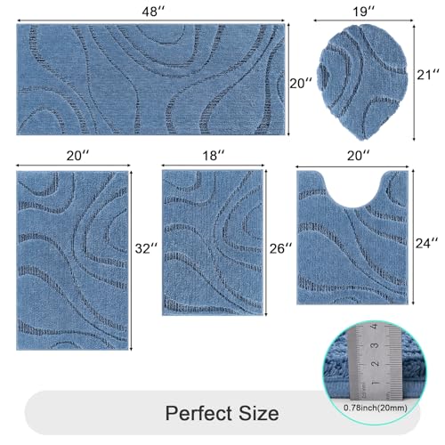 HEBE Bathroom Rugs Sets 5 Piece, Soft Absorbent Microfiber Bath Mat for Bathroom, Non Slip Washable Bath Rug Set with Toilet Cover, Bath Runner and U-Shaped Contour Toilet Rug, Dark Blue - color: Dark Blue, size: 18"x26"+20"x32"+20"x48"+U20"x24"+Cover19"x