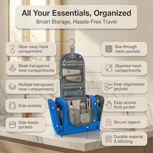 Bago Travel Toiletry Bag for Women and Men X-Large Waterproof Hanging Large Toiletry Bag for Bathroom and Travel Bag for Toiletries Organizer -Travel Makeup Bag (Blue) - color: Blue, size: X-Large