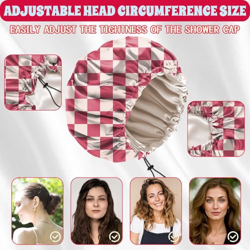 Luxury Shower Cap Satin Lined Reusable Waterproof Double Layer Elastic Adjustable Hair Bath Cap Cute Aesthetic Women Girls-Pink Checkered - color: F14-Pink Checkered