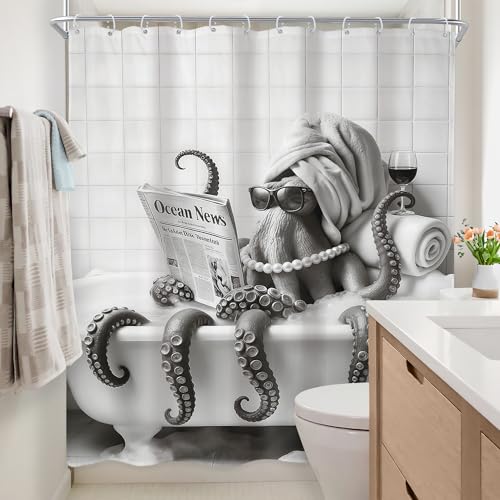 Newsely Funny Octopus Shower Curtain 60Wx72L Inch Reading News in Bathtub Black White Animal Pearls Modern Cool Glass Wine Bathroom Set Boys Men Girl Waterproof Bath Decoration Accessories Home Decor - color: Q-octopus, size: 60"W x 72"L (Pack of 1)