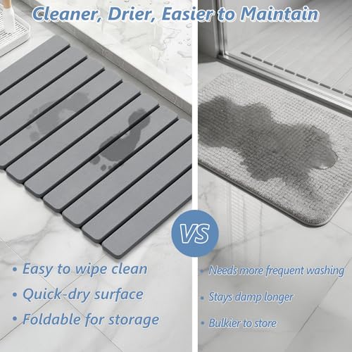 AWW Foldable Stone Bath Mat, Quick Dry Diatomaceous Earth Bath Mat with Non-Slip Mat, Super Absorbent, Easy to Clean, Compact for Small Bathrooms, 23.6 x 15.5, Grey - color: Grey, size: 23.6" x 15.5"