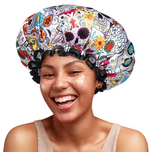 mikimini Shower Cap for Women Reusable Waterproof, Extra Large Hair Cap for Shower with Double Layers, Stylish Vibrant Designed Shower Bonnet for Long Thick Hair, 2 Pieces - size: X-Large (Pack of 2)