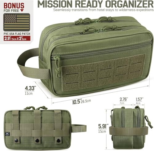 RXW EDC Toiletry Bag for Men, Tactical Dopp Kit, Molle Pouches Compact Travel Organizer for Shaving Shower, Hygiene, Grooming (Includes Dry/Wet Compartment & US Flag Patch) - color: Army Green