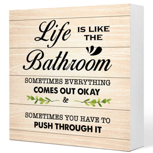 Burlywood Life is Like The Bathroom Wooden Box Sign Desk Decor,Funny Bathroom Wood Block Sign for Farmhouse Toilet Shelf Decor - color: Burly Wood