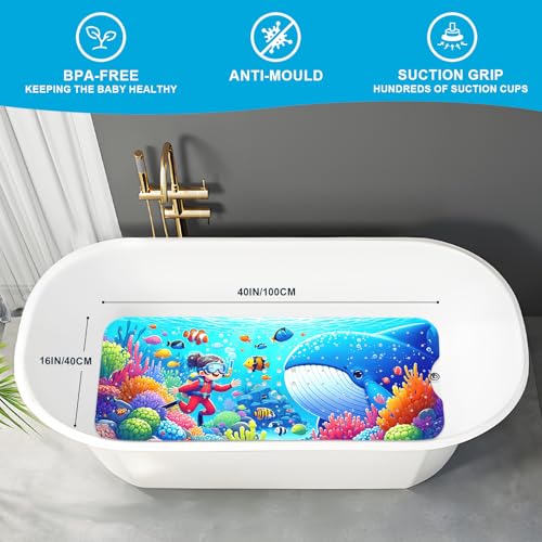 XIYUNTE Baby Bath Mat for Tub Non Slip Kids Bath Mat - 40''x16'' Extra Long Cartoon Bathtub Mat Non Slip Kids Shower Mat Eco-Friendly Toddler Bath Mats with Suction Cups, Machine Washable - color: J-shark 2