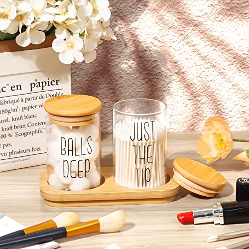 Funny Qtip Holder Dispenser 2 Pack Glass Apothecary Jars Canisters with Tray, Cotton Ball Qtip Holder Bathroom Set with Bamboo Lids for Cotton Swab Farmhouse Bathroom Storage Organization