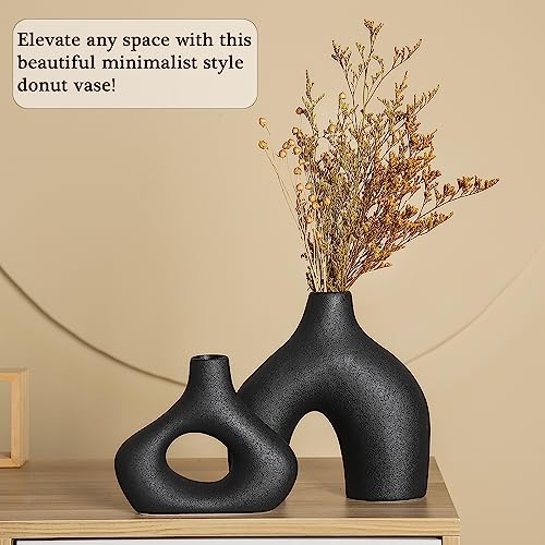 CEMABT Black Ceramic Vase Set of 2 for Modern Minimalist Bohemian Decor，Round Matte Donut Vases for Pampas Grass-Perfect for Living Room, Dining Table, Office Bedroom Shelf Decor Entryway, Console - color: Black