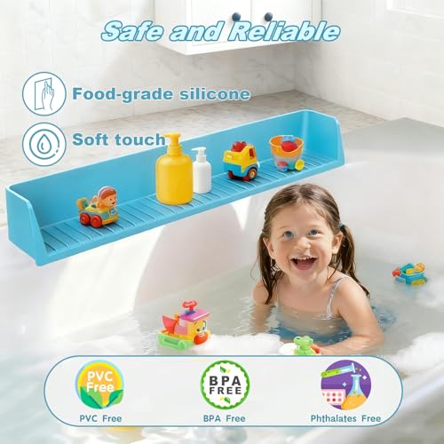 Bathtub Splash Guard for Kids,2.6 FT Silicone Bathtub Play Shelf with 11 Suction Cups, Bath Tub Ledge Shelf for Kids, Prevents Water Spills in Bathroom (Blue) - color: Blue