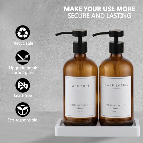 Amber Glass Soap Dispenser - Dish Hand Soap Dispenser for Kitchen, Bathroom Soap Lotion Dispenser with Pump, Refillable Liquid Soap Pump Dispenser Set with Tray, Amber Bottle/Black Pump-pd - color: Amber Bottle/Black Pump + Tray