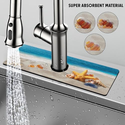 WIRESTER Super Absorbent, Fast Drying Kitchen Sink Splash Guard Faucet Mat, Sink Mat Behind Faucet Drip Catcher, Sink Gadget for Kitchen, Bathroom (15 x 5.5 Inch) - Seashells On The Beach - color: Seashells On The Beach
