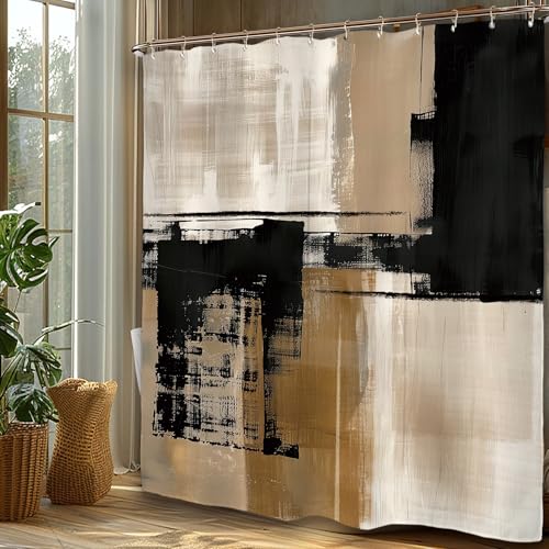 Miyotaa Abstract Minimalist Modern Shower Curtain Set 71Wx84H Inches Extra Long Black Tan Neutral Contemporary Brushstroke Art Waterproof Bathroom Curtain with 12 Hooks - color: Black Tan, size: 71"W x 84"L (Pack of 1)