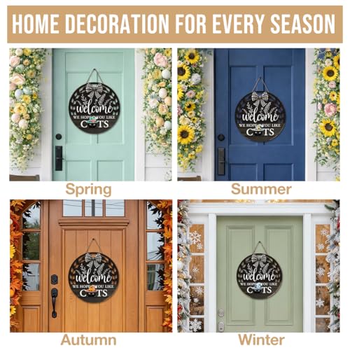 Interchangeable Seasonal Welcome Hanging Sign - Farmhouse Front Door Decoration for Holidays - Rustic Round Wood Wreaths with 12 Icons – Welcome Cat Lover(Black) - color: catsblack