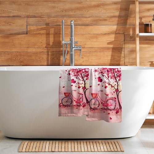 Valentine's Day Hand Towels - Set of 2 Pink Heart 14'x28' Soft Absorbent Guest & Kitchen Towels for Couples & Wedding Anniversary - color: Valentines Pink Bike Heart