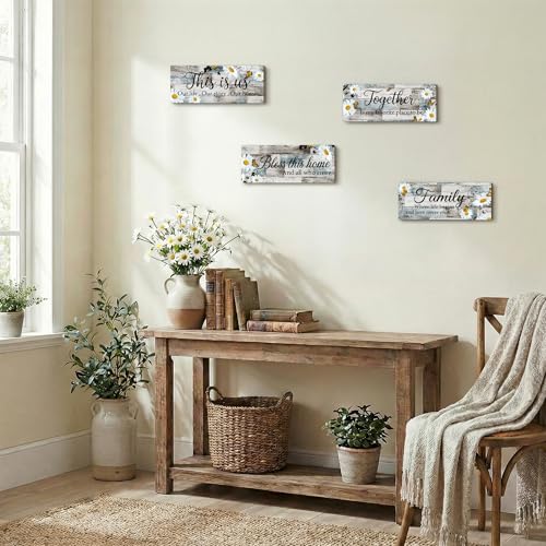 4Pcs Farmhouse Daisy Wooden Wall Art Decor for Living Room Rustic Wood Signs Set Daisy Flower Kitchen Wall Art Together Bless This Home Wooden Plaque Sign for Entryway Bedroom & Housewarming - style: Farmhouse Daisy