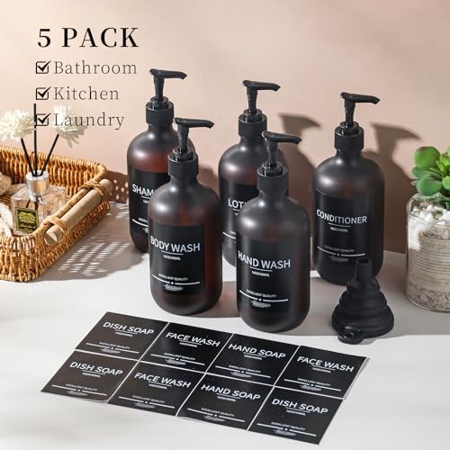 Refillable Matte Amber Plastic Shampoo and Conditioner Bottles (5 Pack, 16.9oz), with Pumps and Labels - color: Matte Amber