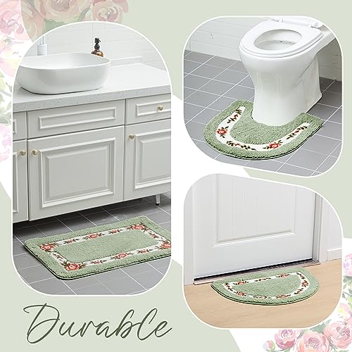 Timgle 4 Pcs Rose Flowers Coquette Bathroom Rugs Set Coquette Doom Decor Rose Flower Area Rugs Non Slip Absorbent Washable Door Mat Floral Bathroom Carpet for Home Hotel, 4 Shapes(Green) - color: Green
