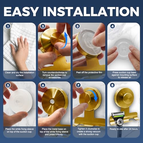 Suction Cup Razor Holder for Shower,Heavy-Duty 7KG Suction Hooks for Razor,Towel,Loofah,Removable Damage-Free Metal Shower Hook,Shaver Holder,2 Pack(Brushed Gold) - color: Brushed Gold