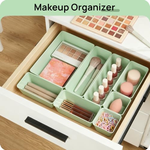 Vtopmart 25 PCS Plastic Drawer Organizers Set, 4-Size Versatile Bathroom and Vanity Drawer Organizer Trays, Storage Bins for Makeup, Bedroom, Kitchen Gadgets Utensils and Office - color: Sage Green