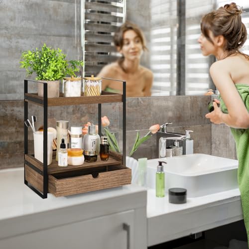 Ukonvi 2-Tier Bathroom Organizer Countertop with Drawer, Wood Counter Shelf for Storage, Vanity Tray for Organization and Decor, Countertop Organizer for Bathroom, Kitchen, Office (Dark Brown) - color: Dark Brown