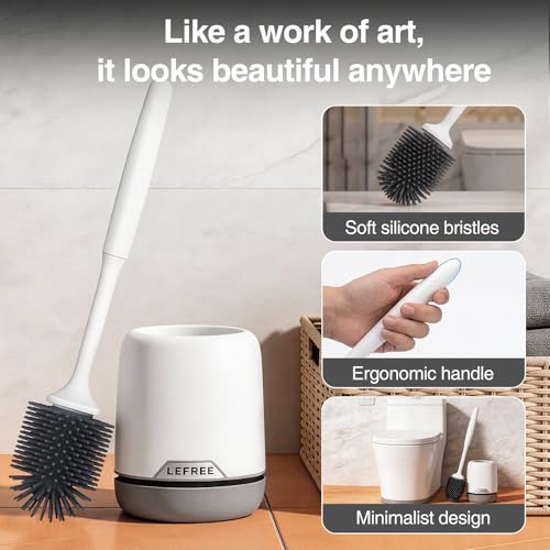 Lefree Silicone Toilet Brush and Holder, Bathroom Cleaner Brush Set, Non-Slip Handle Toilet Bowl Brush with TPR Soft Bristle, Wall Mounted/Floor Standing - color: Gray, size: 1 Pack