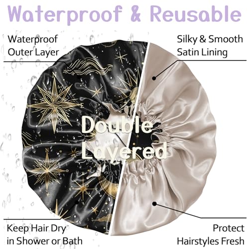 Luxury Shower Cap Silk Satin Lined Waterproof Reusable Adjustable Elastic Dry Hair Bathing Caps Cute for Women Girls-Sun Moon - color: C-10-Sun Moon