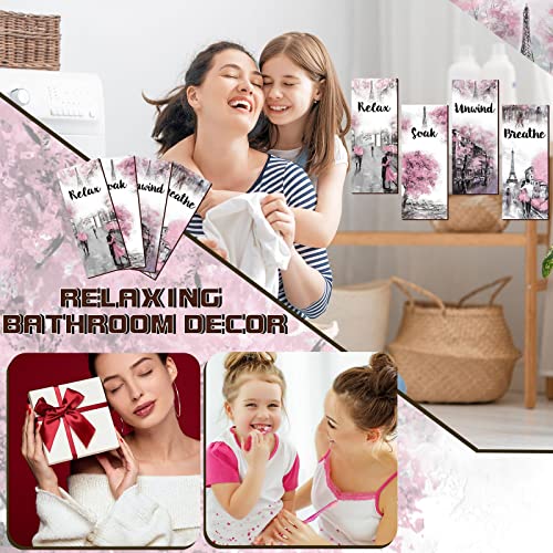 Gerrii 4 Pcs Pink and Grey Bathroom Decor Paris Decor Relax Soak Unwind Breathe Wall Art Farmhouse Bathroom Wedding Newlywed Home Spa Laundry Accessories Wood Hanging Sign(11.81 x 3.15 Inch,Rectangle) - size: 11.81 x 3.15 Inch, style: Rectangle