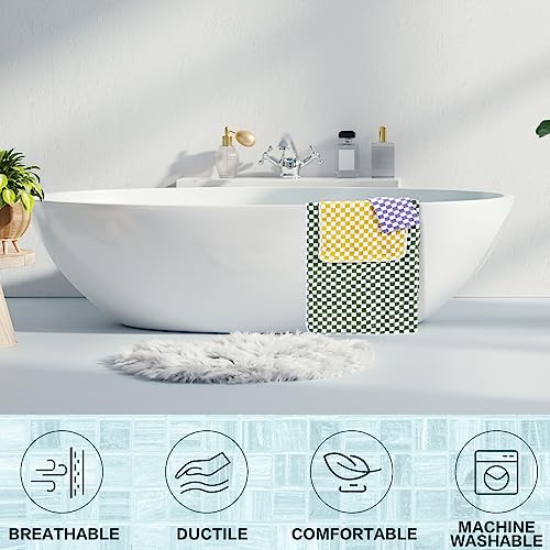 Kinlop 6 Pcs Checkered Bath Towels Set Back to School Lightweight Coral Washcloth Quick Dry Patterned Thin Coral Fleece Hand Towel for Bathroom Gym Spa Beach Accessory(Green, Yellow, Purple,Checkered) - color: Green, Yellow, Purple, style: Checkered
